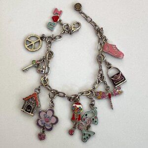 y2k vintage silver multicolor chain link charm bracelet with ten funky charms